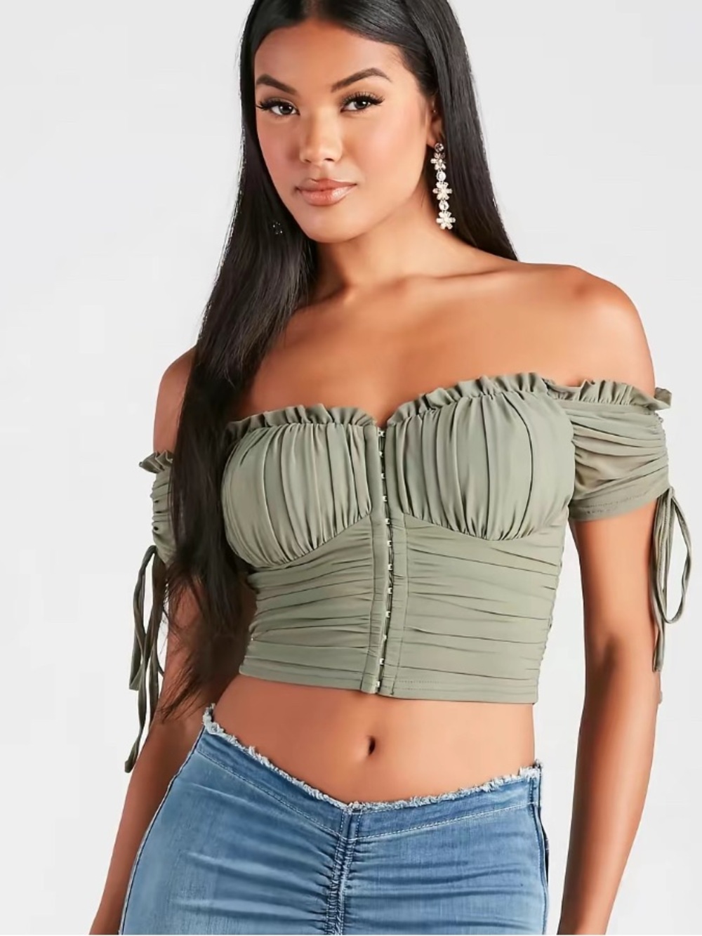 Green Hooked Ruched Crop Top